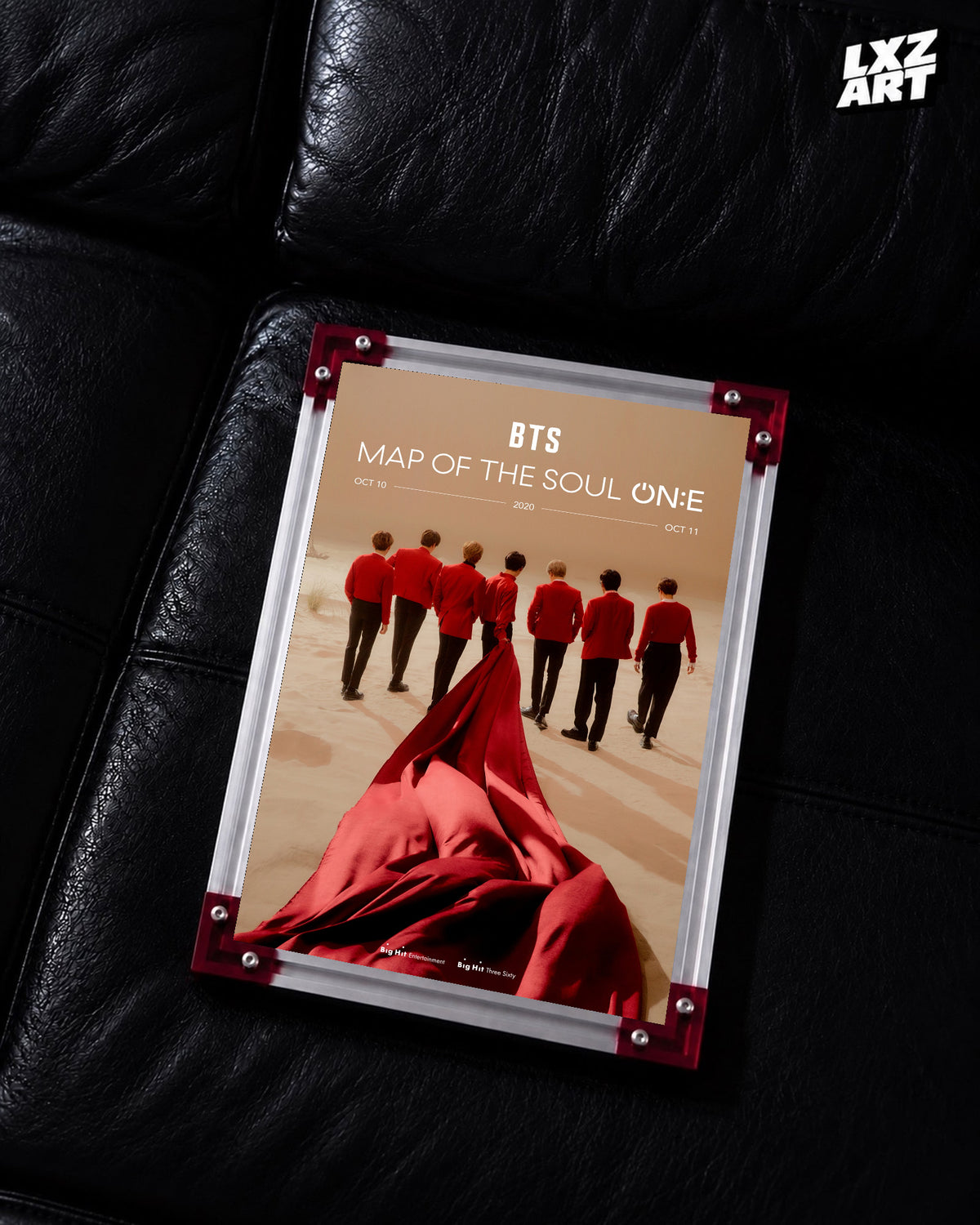 BTS Map of the Soul ON:E online concert poster displayed on a black leather sofa in a red-corner frame; unframed print, frame not included
