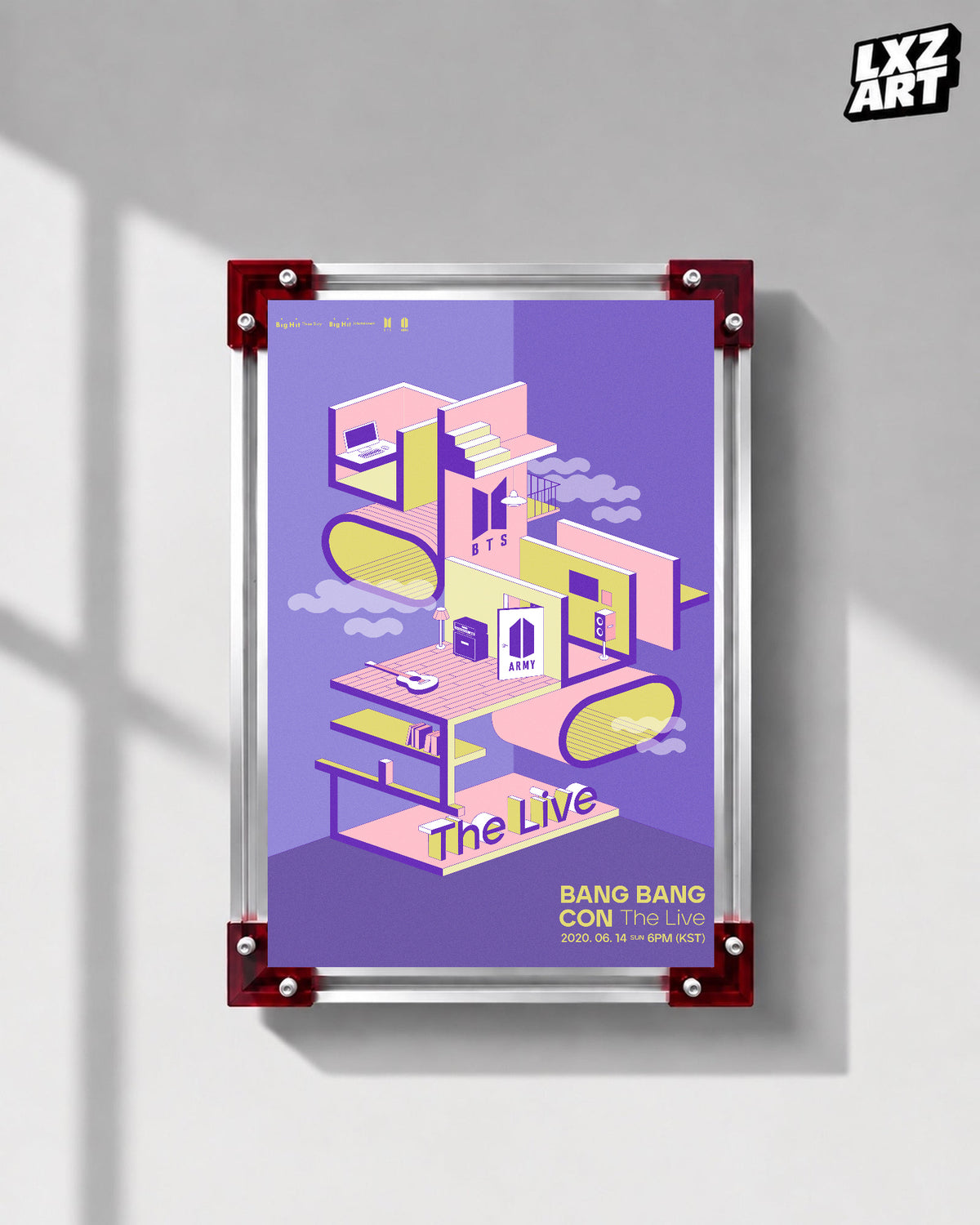 BTS Bang Bang Con: The Live online concert poster displayed on a gray wall in a red-corner frame; unframed print, frame not included