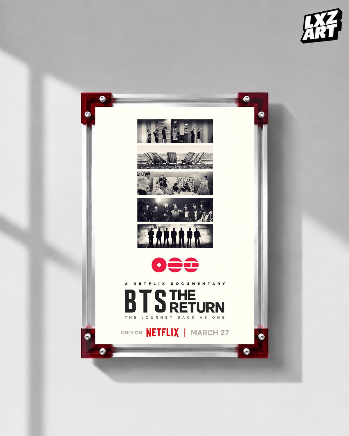BTS The Return documentary poster displayed on a gray wall in a red-corner frame; unframed print, frame not included