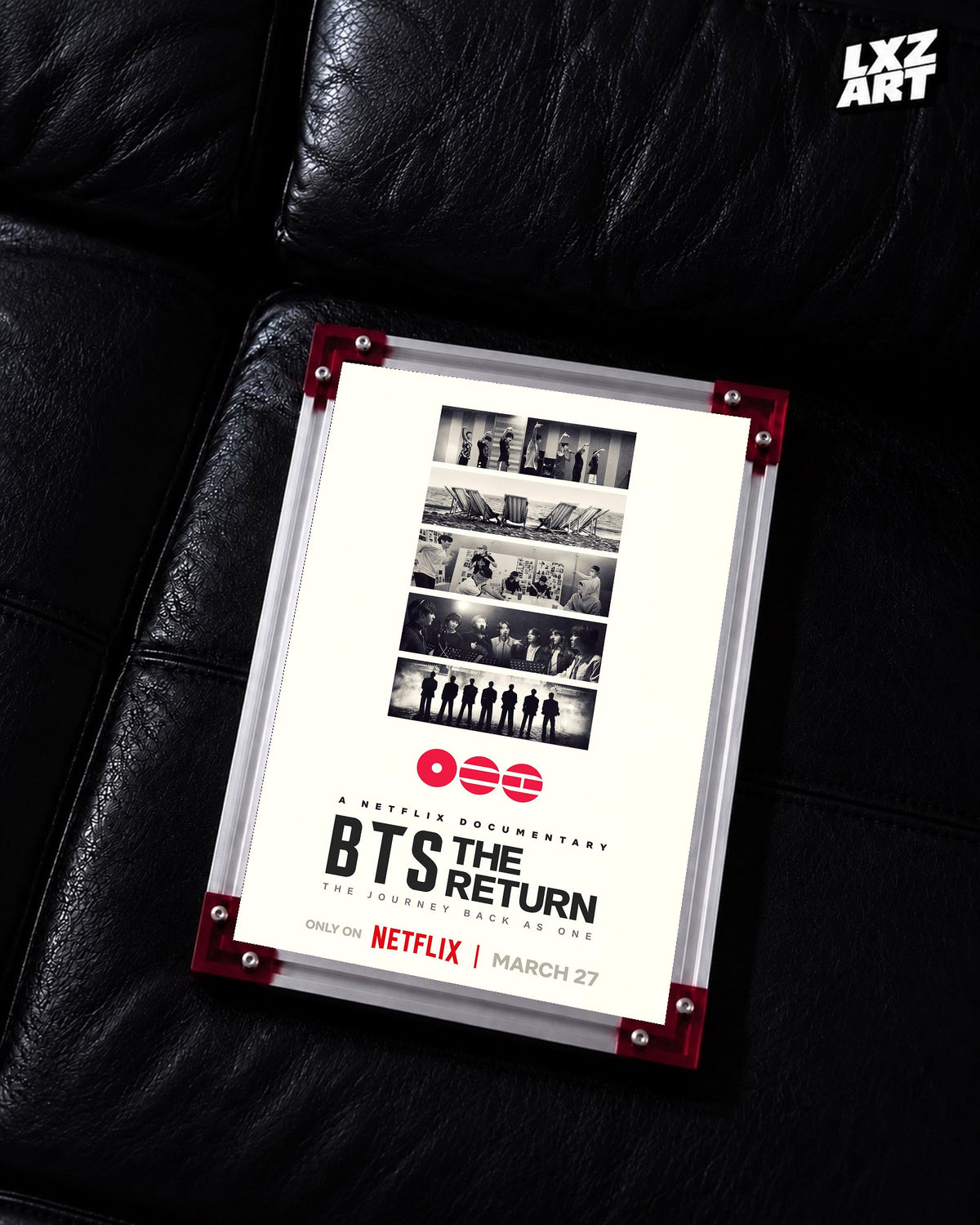 BTS The Return documentary poster displayed on a black leather sofa in a red-corner frame; unframed print, frame not included