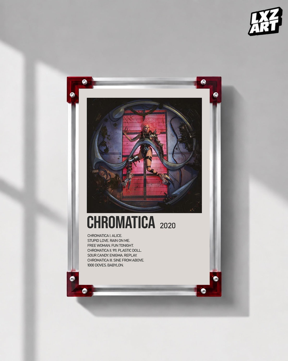 Lady Gaga Chromatica tracklist poster displayed on a gray wall in a red corner frame; unframed print, frame not included