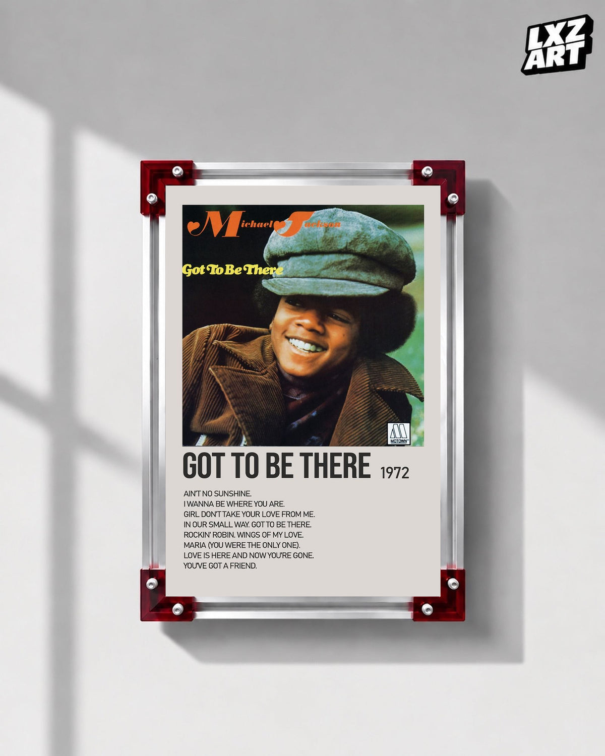 Michael Jackson Got to Be There tracklist poster displayed on a gray wall in a red corner frame; unframed print, frame not included