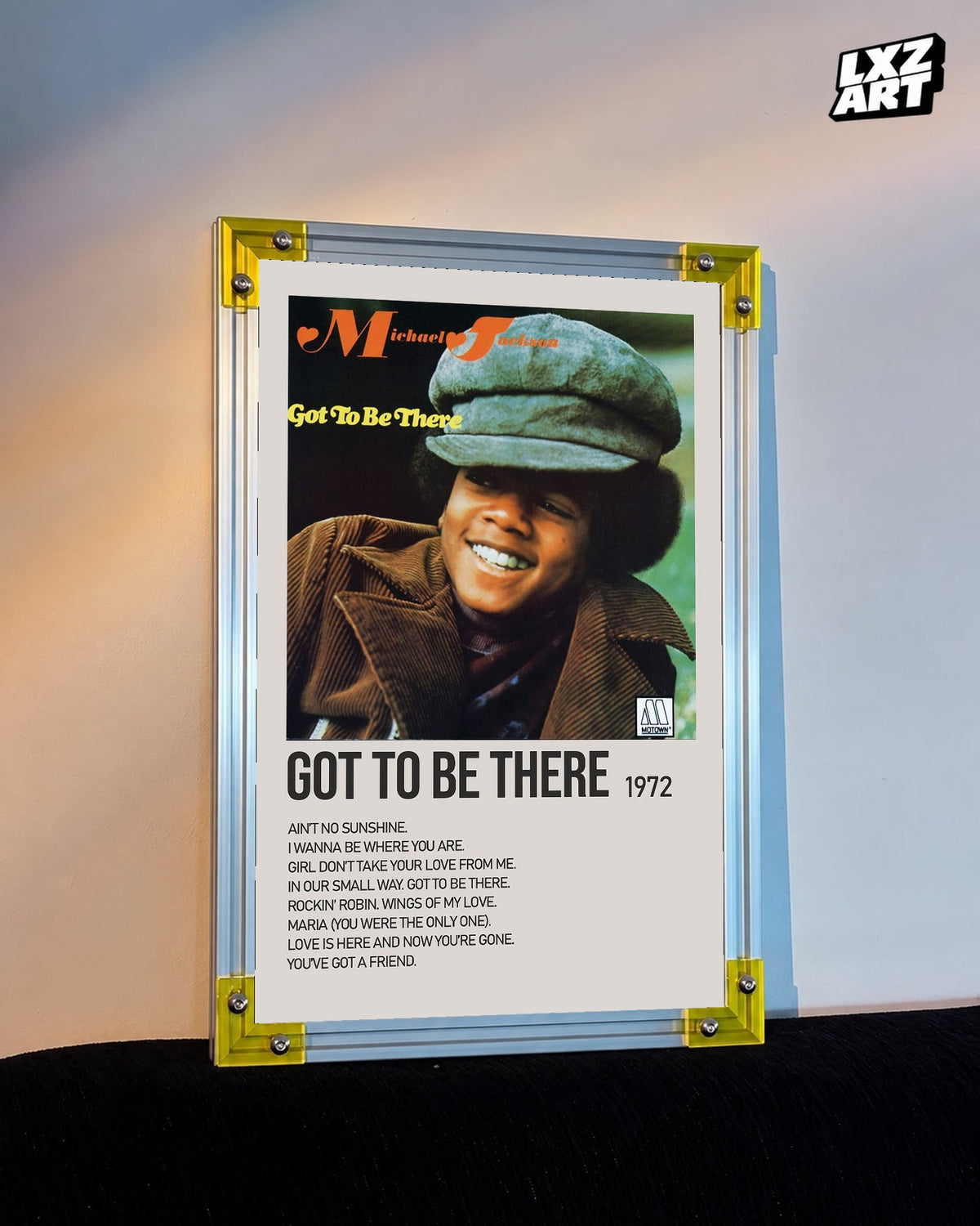 Michael Jackson Got to Be There tracklist poster displayed against a warm wall in a yellow corner frame; unframed print, frame not included