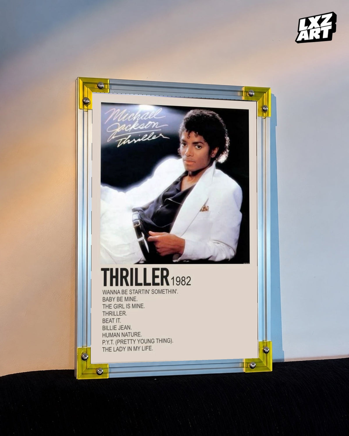 Michael Jackson Thriller tracklist poster displayed against a warm wall in a yellow corner frame; unframed print, frame not included
