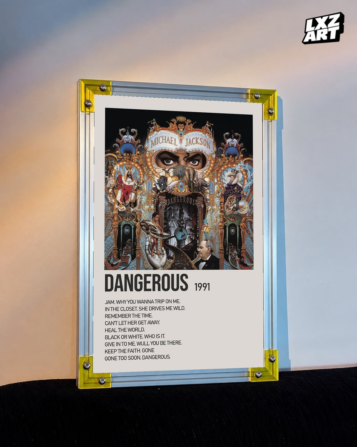 Michael Jackson Dangerous tracklist poster displayed against a warm wall in a yellow corner frame; unframed print, frame not included