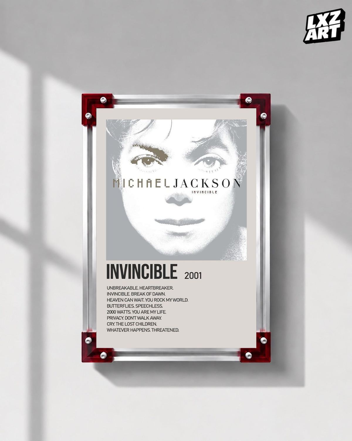 Michael Jackson Invincible tracklist poster displayed on a gray wall in a red corner frame; unframed print, frame not included