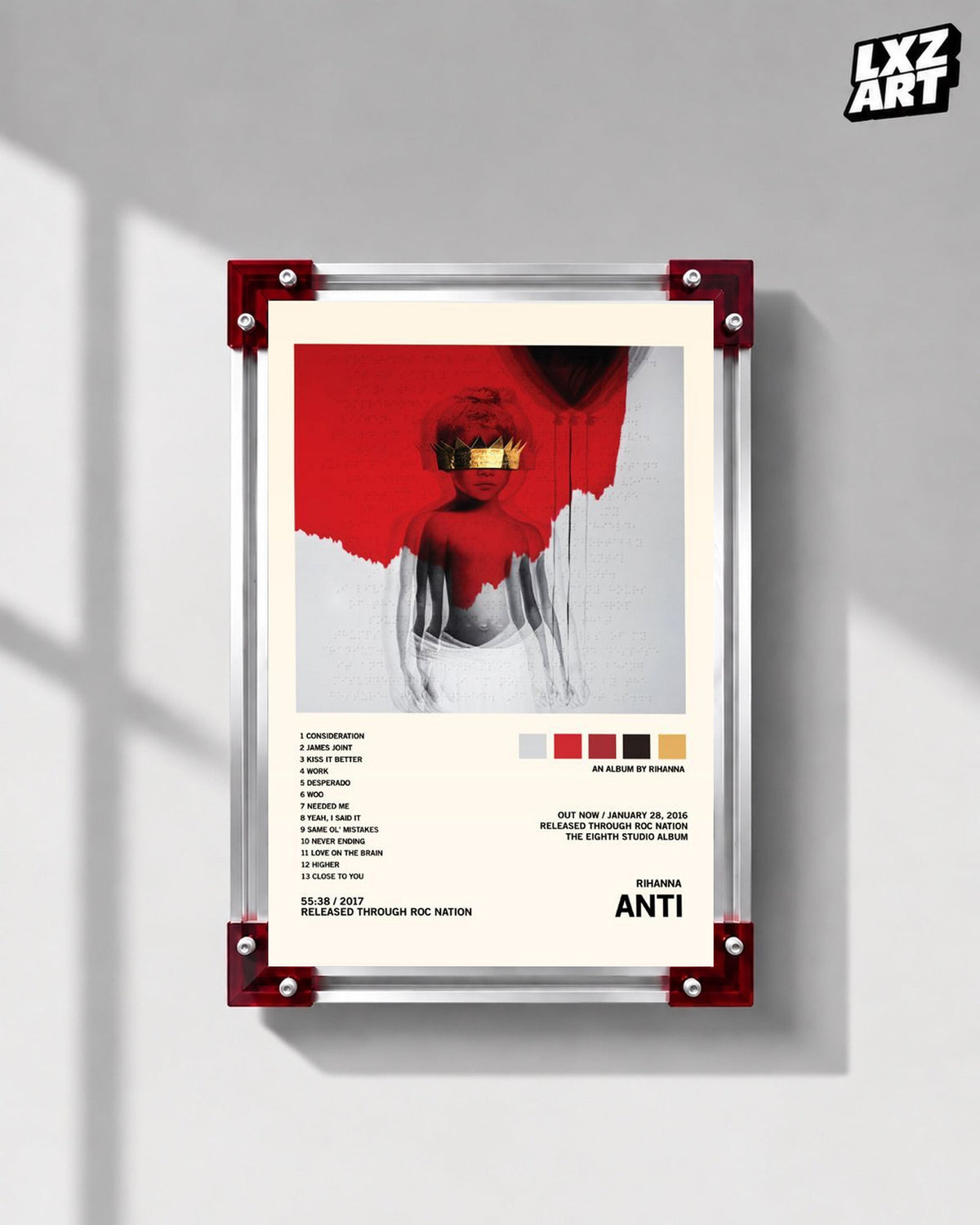 Rihanna Anti album tracklist poster displayed on a gray wall in a red corner frame; unframed print, frame not included