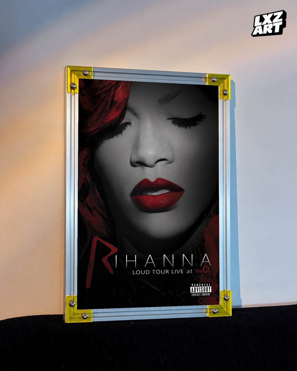 Rihanna Loud Tour Live at the O2 concert film poster displayed against a warm wall in a yellow corner frame; unframed print, frame not included