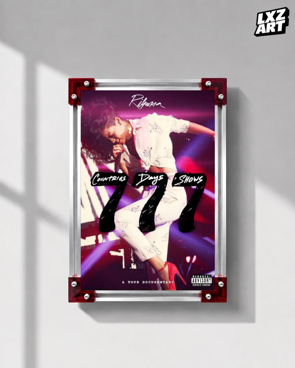 Rihanna 777 Tour documentary poster displayed on a gray wall in a red corner frame; unframed print, frame not included