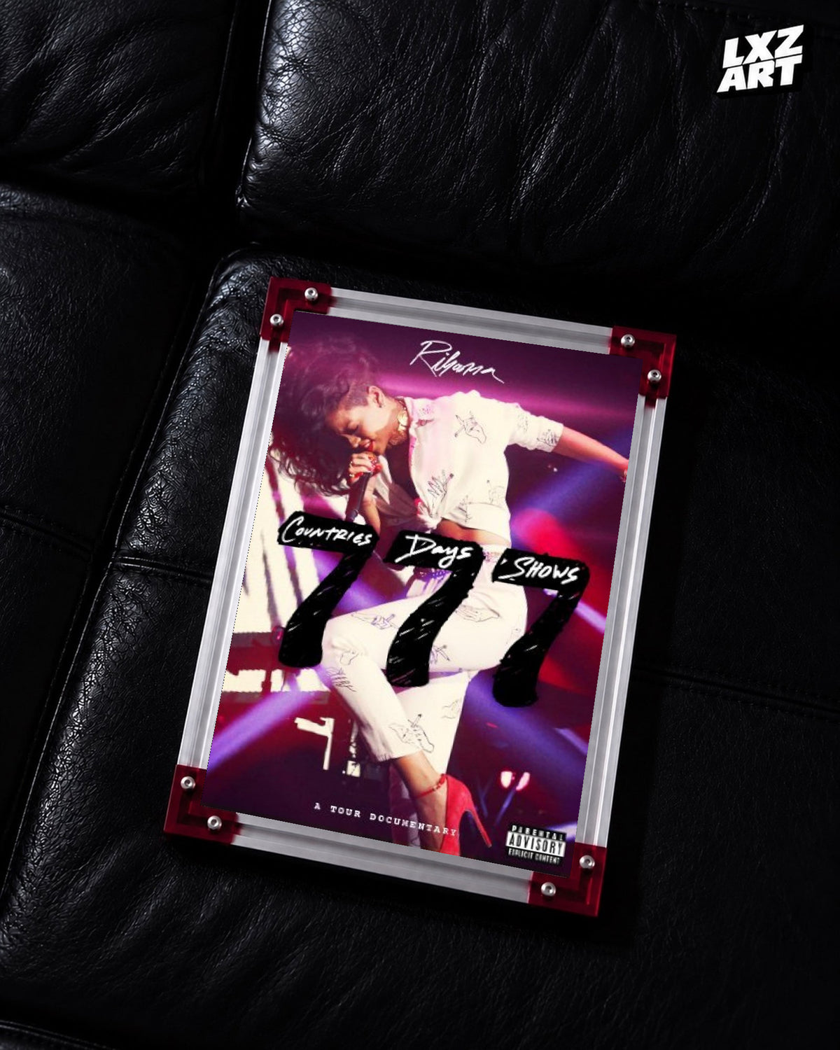 Rihanna 777 Tour documentary poster displayed on a black leather sofa in a red corner frame; unframed print, frame not included