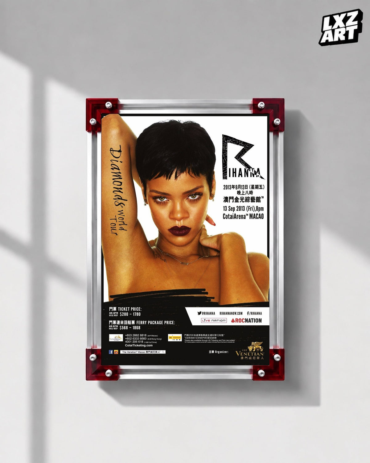 Rihanna Diamonds World Tour Macao concert poster displayed on a gray wall in a red corner frame; unframed print, frame not included