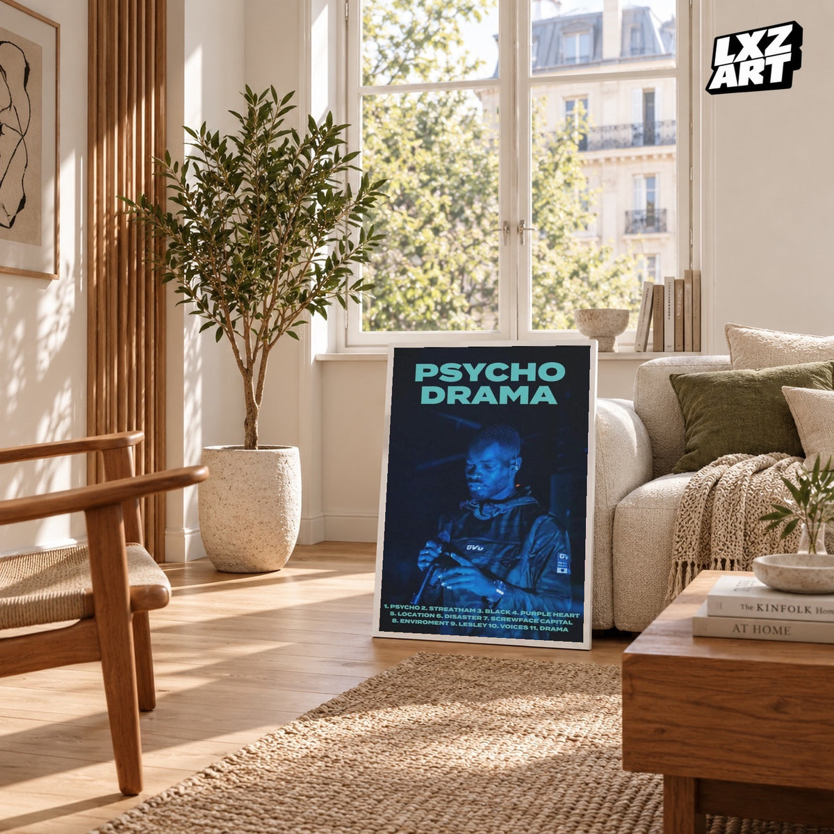 Dave Psychodrama Blue Performance poster – sunlit room display; frame not included