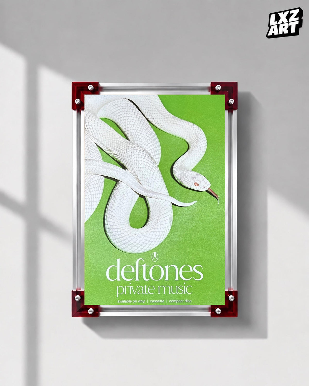 Deftones Private Music White Snake Album Poster displayed on a gray wall in a red-corner frame; unframed print, frame not included