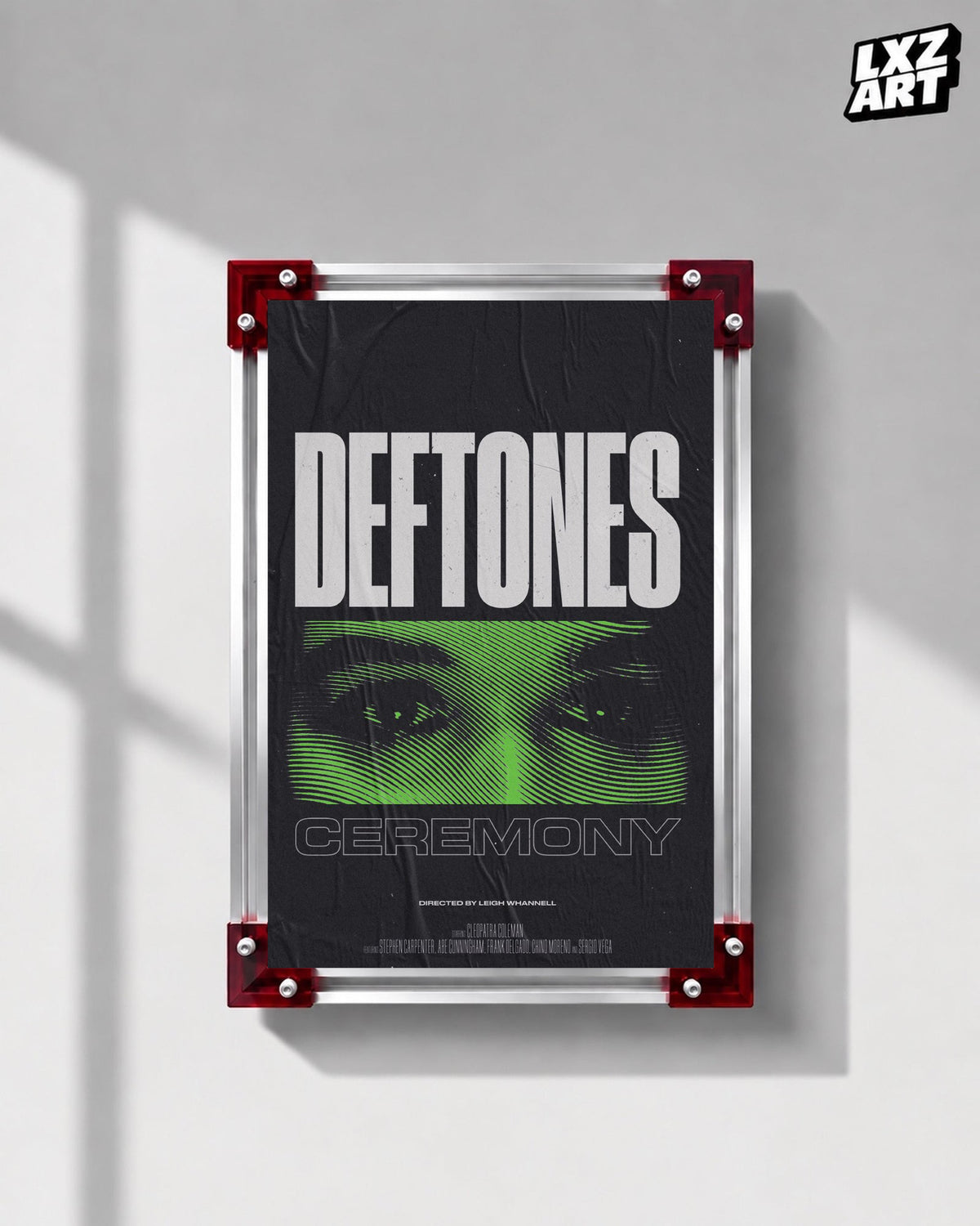 Deftones Ceremony Green Eyes Music Video Poster displayed on a gray wall in a red-corner frame; unframed print, frame not included