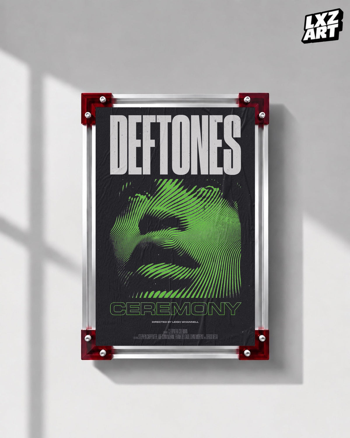 Deftones Ceremony Green Face Music Video Poster displayed on a gray wall in a red-corner frame; unframed print, frame not included