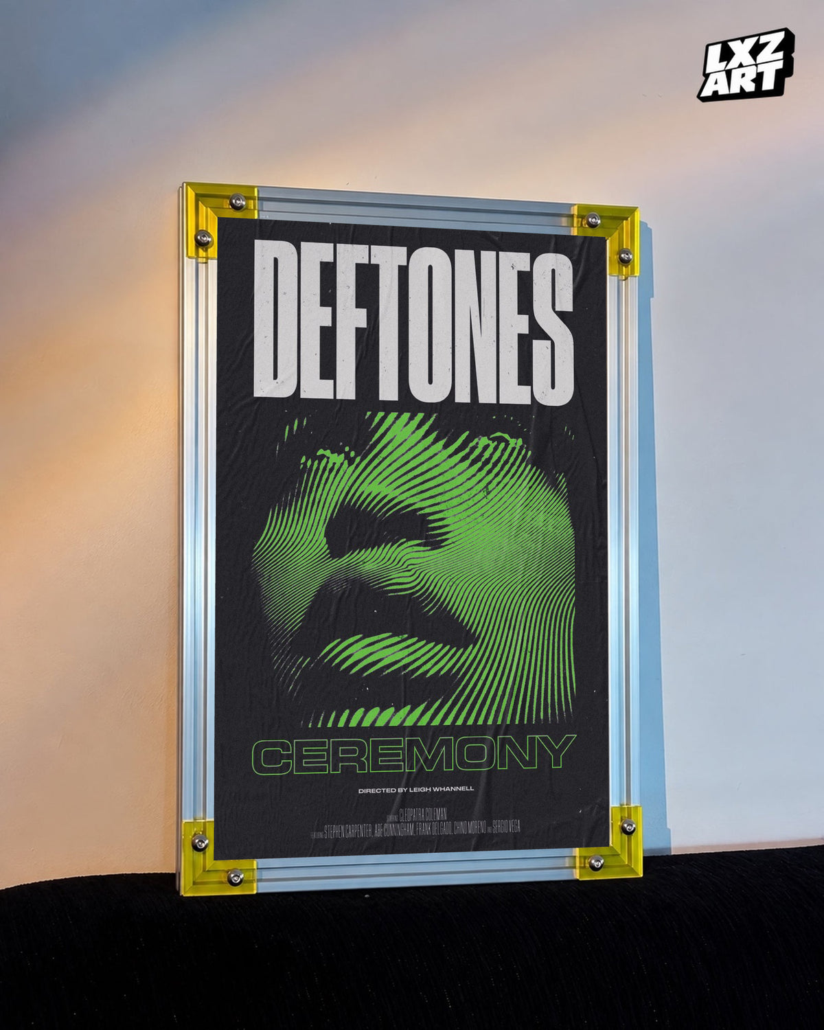 Deftones Ceremony Green Face Music Video Poster displayed against a warm wall in a yellow-corner frame; unframed print, frame not included