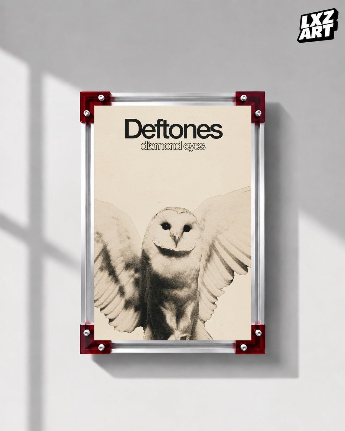 Deftones Diamond Eyes Cream Owl Album Poster displayed on a gray wall in a red-corner frame; unframed print, frame not included