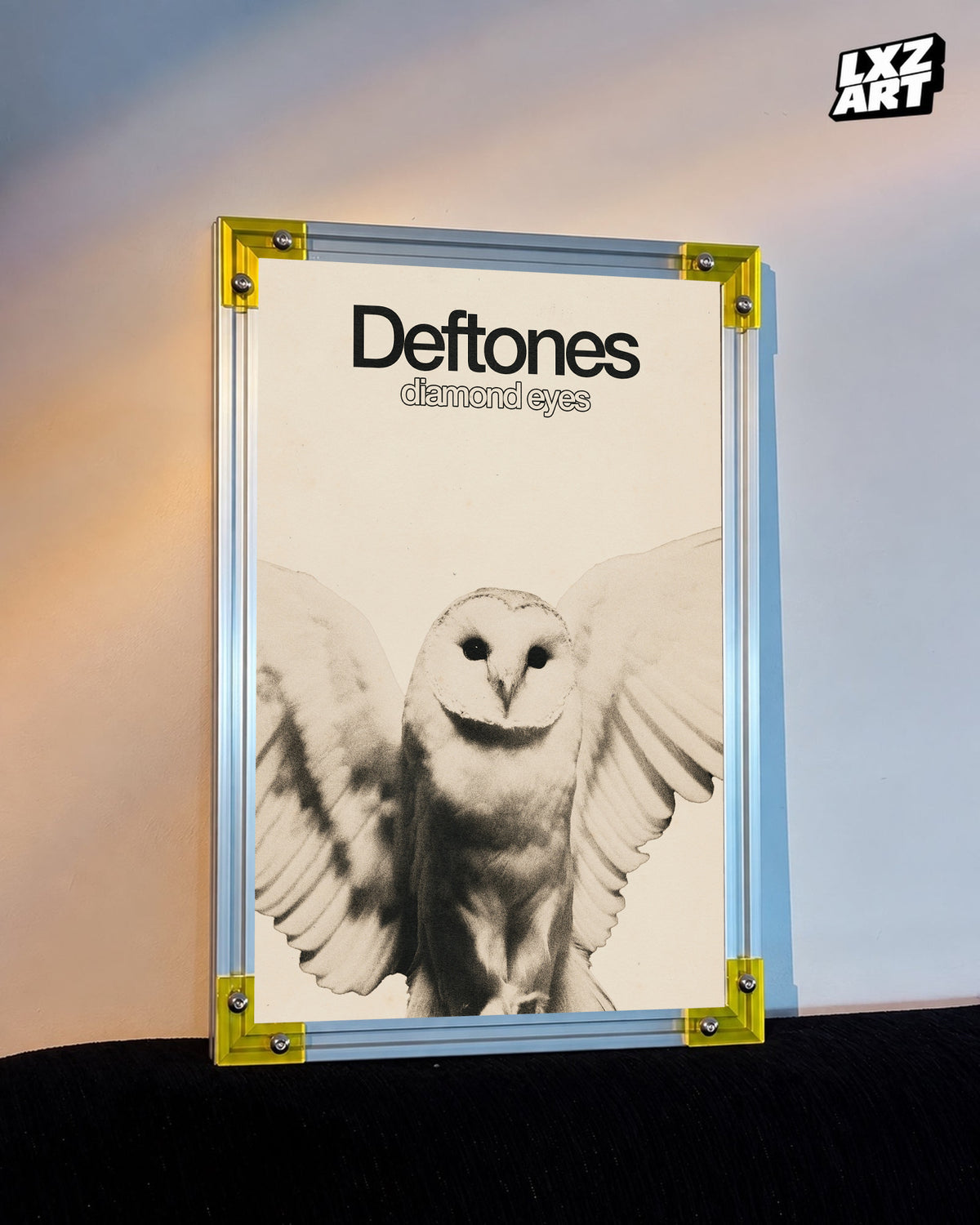Deftones Diamond Eyes Cream Owl Album Poster displayed against a warm wall in a yellow-corner frame; unframed print, frame not included
