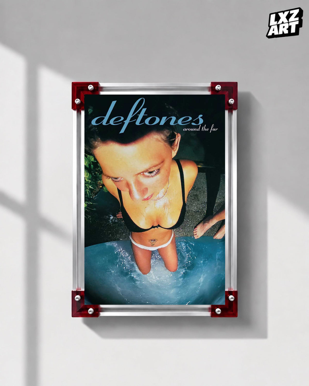 Deftones Around the Fur Blue Title Album Poster displayed on a gray wall in a red-corner frame; unframed print, frame not included