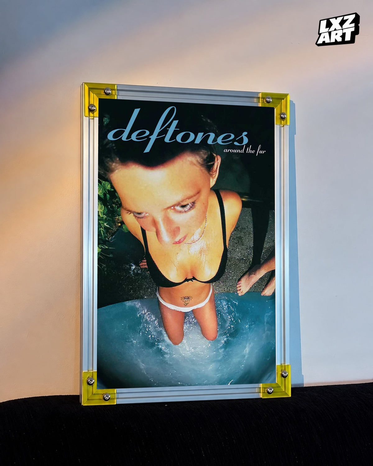 Deftones Around the Fur Blue Title Album Poster displayed against a warm wall in a yellow-corner frame; unframed print, frame not included