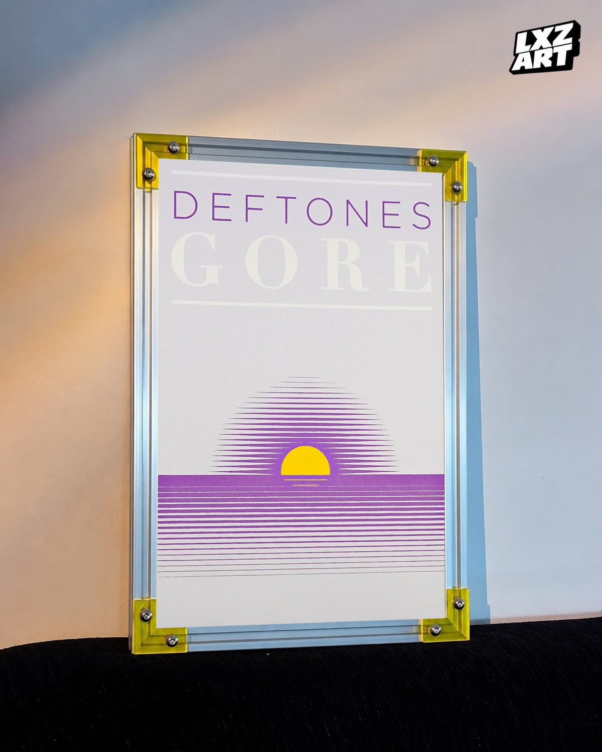 Deftones Gore Purple Sunset Album Poster displayed against a warm wall in a yellow-corner frame; unframed print, frame not included