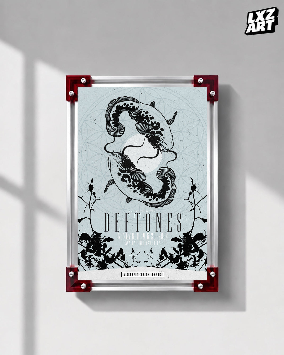 Deftones A Benefit for Chi Cheng 2009 Koi Concert Poster displayed on a gray wall in a red-corner frame; unframed print, frame not included