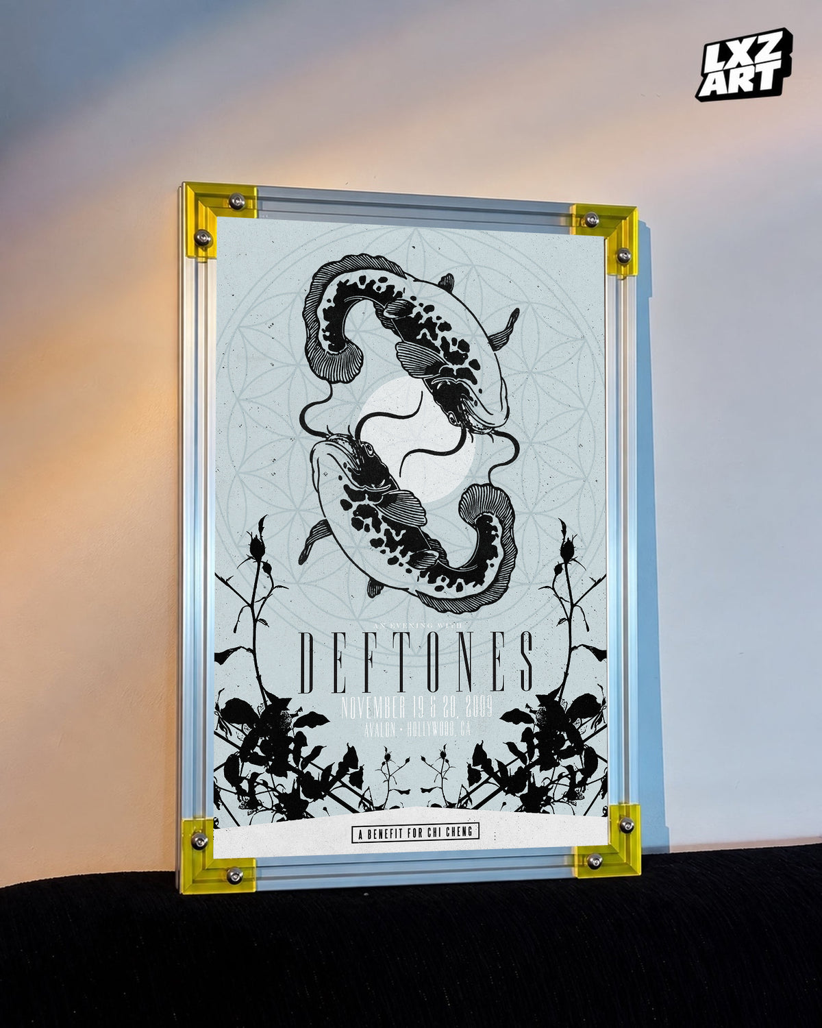 Deftones A Benefit for Chi Cheng 2009 Koi Concert Poster displayed against a warm wall in a yellow-corner frame; unframed print, frame not included