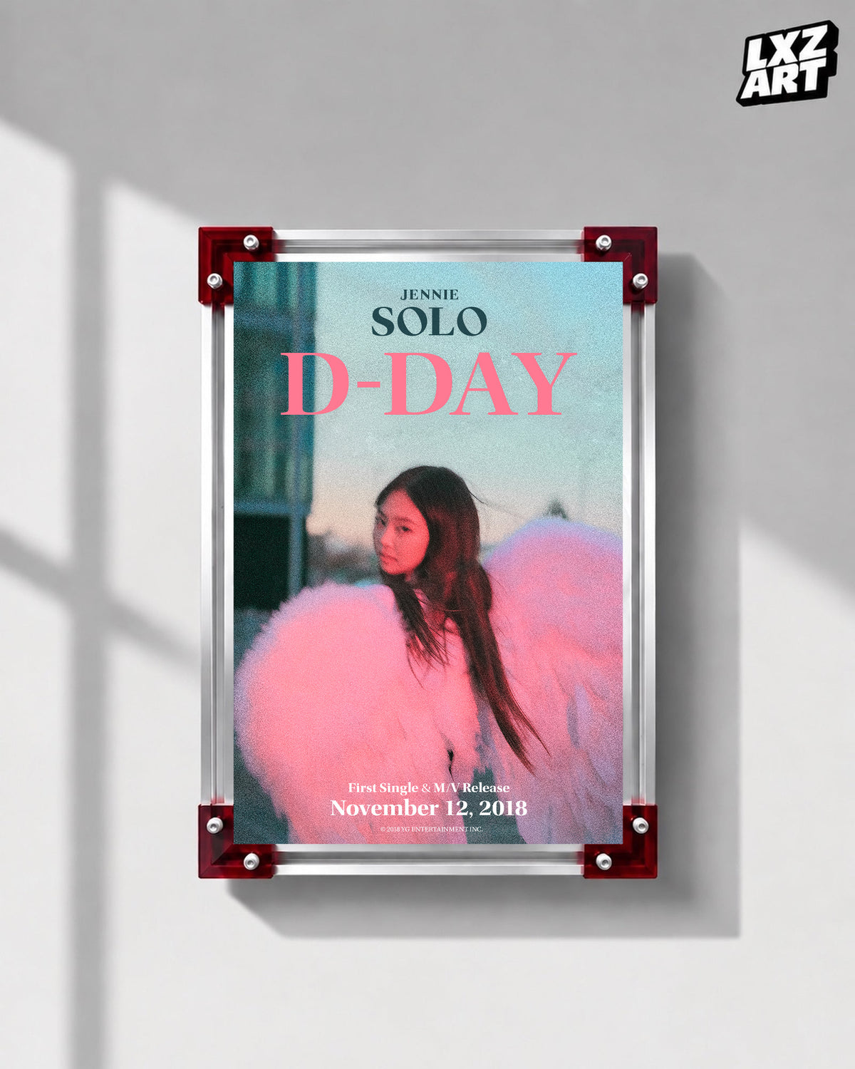 JENNIE SOLO pink d-day poster displayed on a gray wall in a red-corner frame; unframed print, frame not included