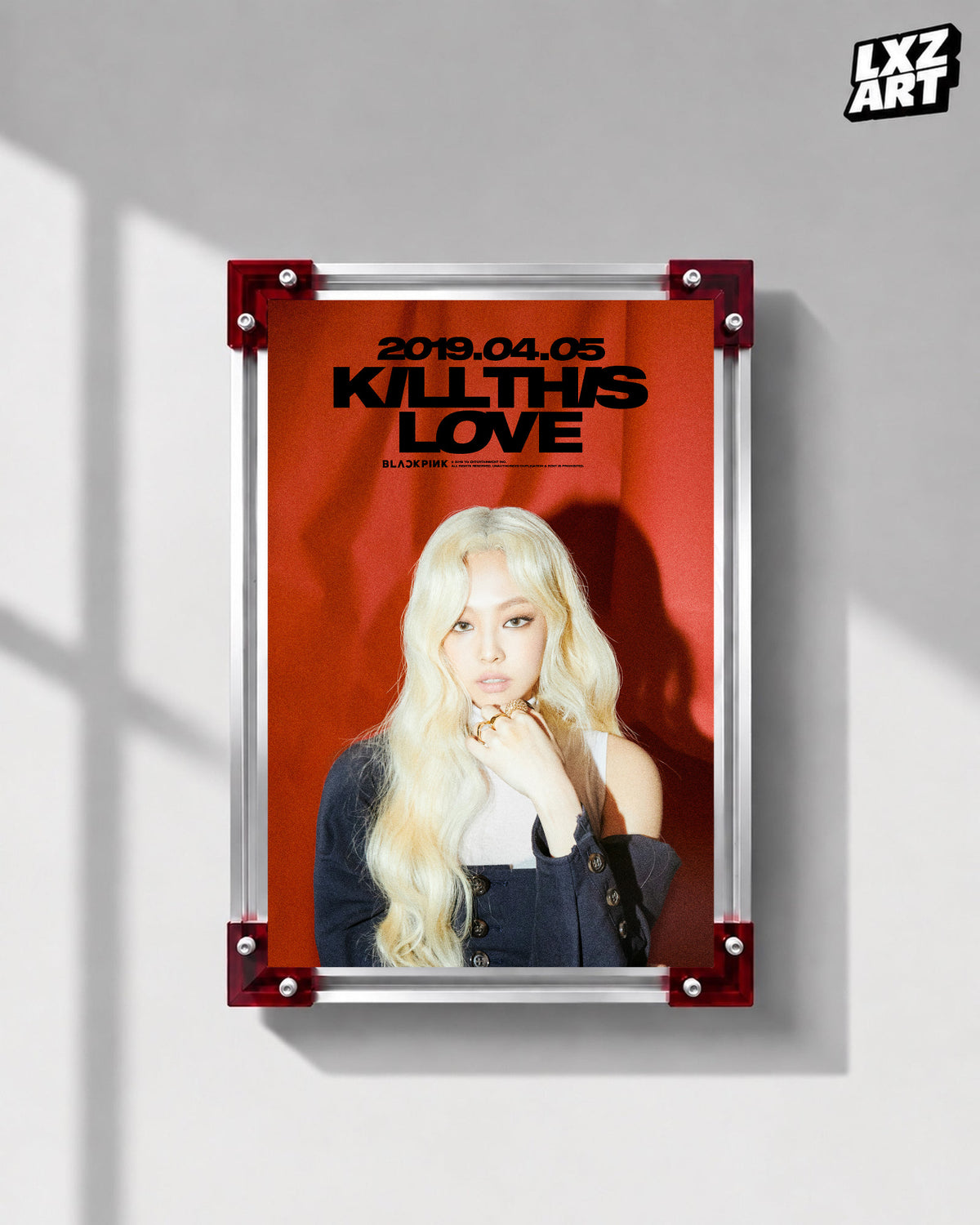 JENNIE BLACKPINK Kill This Love red teaser poster displayed on a gray wall in a red-corner frame; unframed print, frame not included