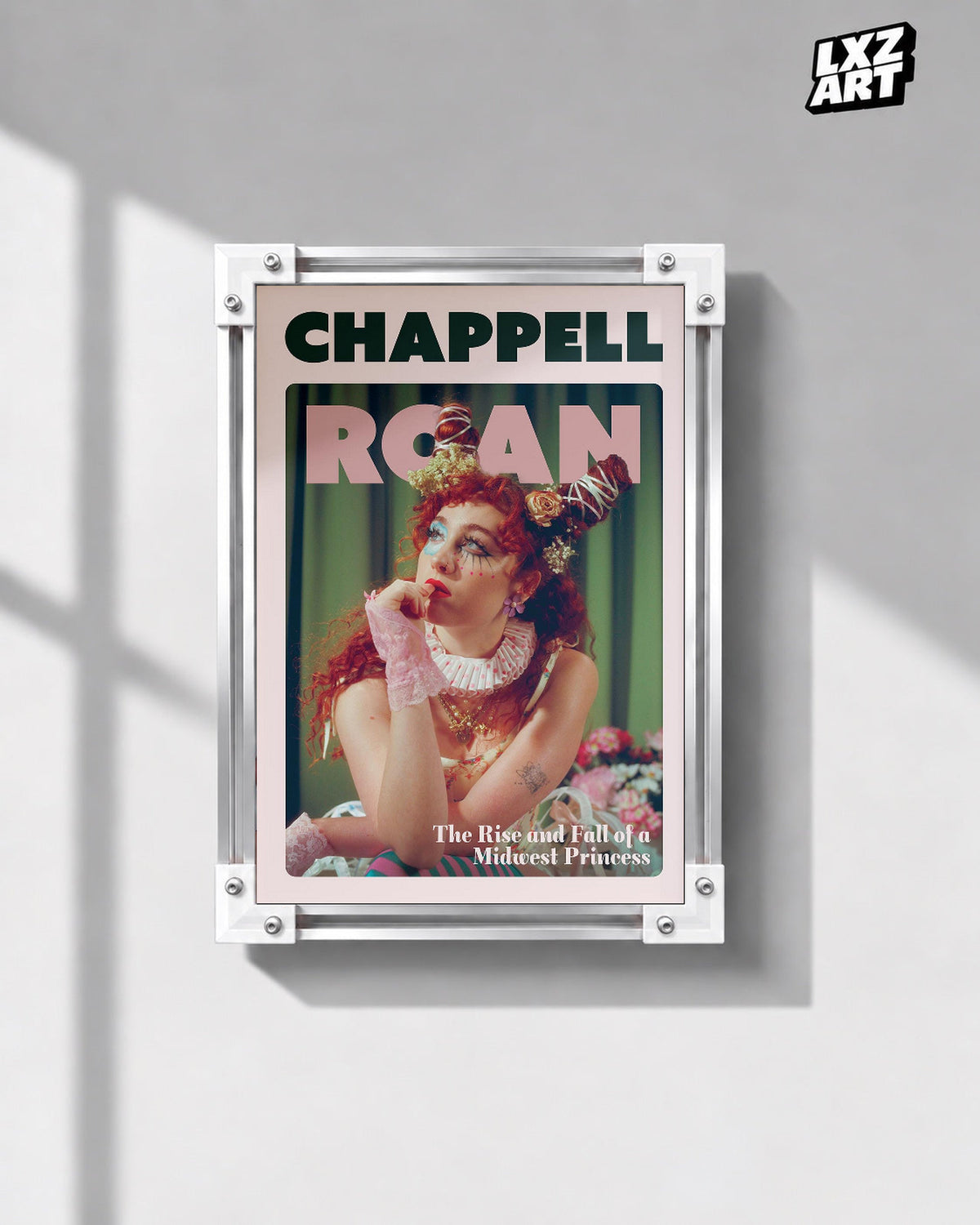 Chappell Roan Midwest Princess Pink Portrait Poster | Unframed Music Wall Art — gray wall front view; frame for display only