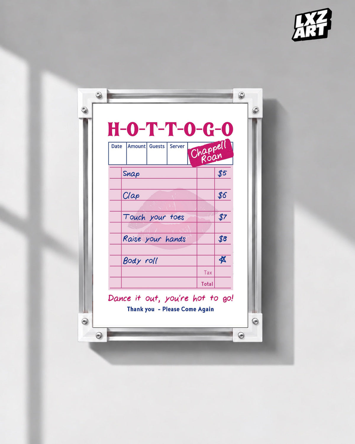Chappell Roan Hot To Go Pink Receipt Illustration Poster | Unframed Music Wall Art — gray wall front view; frame for display only