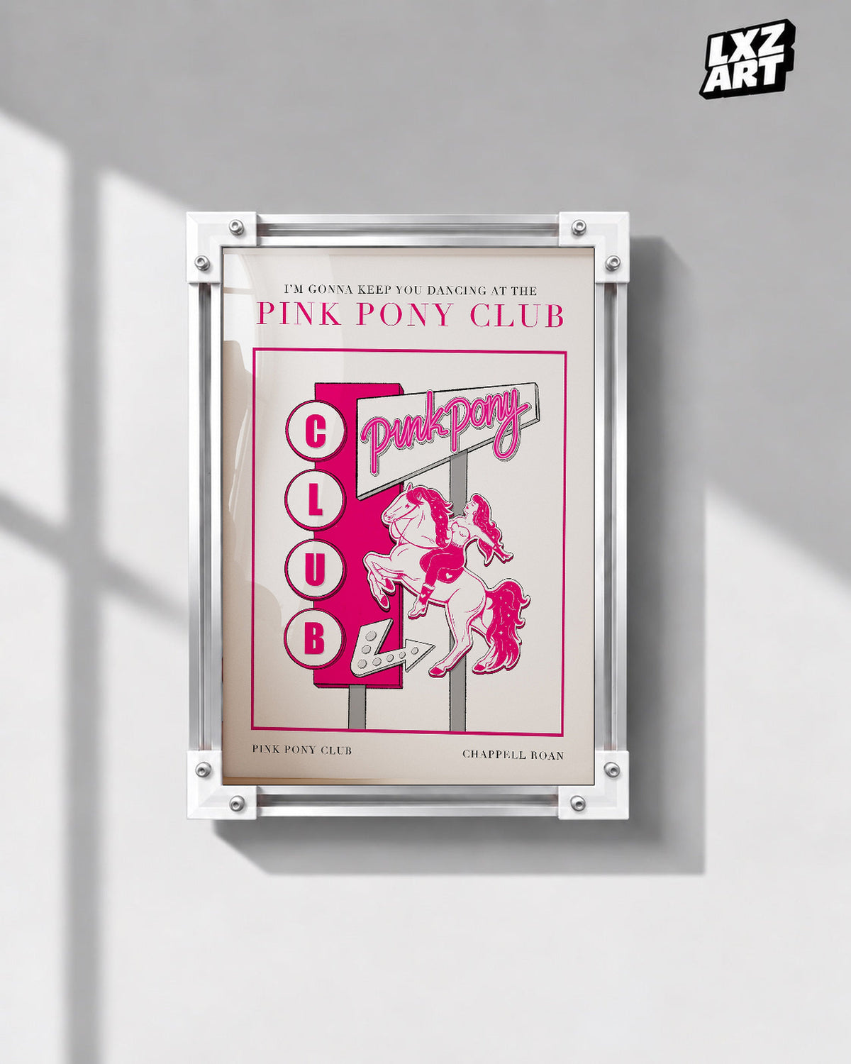 Chappell Roan Pink Pony Club Pink Sign Illustration Poster | Unframed Music Wall Art — gray wall front view; frame for display only