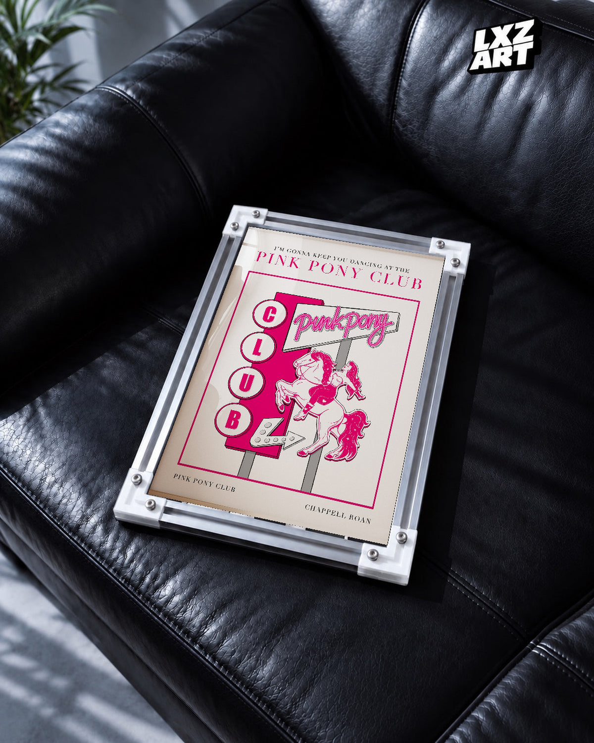 Chappell Roan Pink Pony Club Pink Sign Illustration Poster | Unframed Music Wall Art — black leather sofa scene; frame for display only