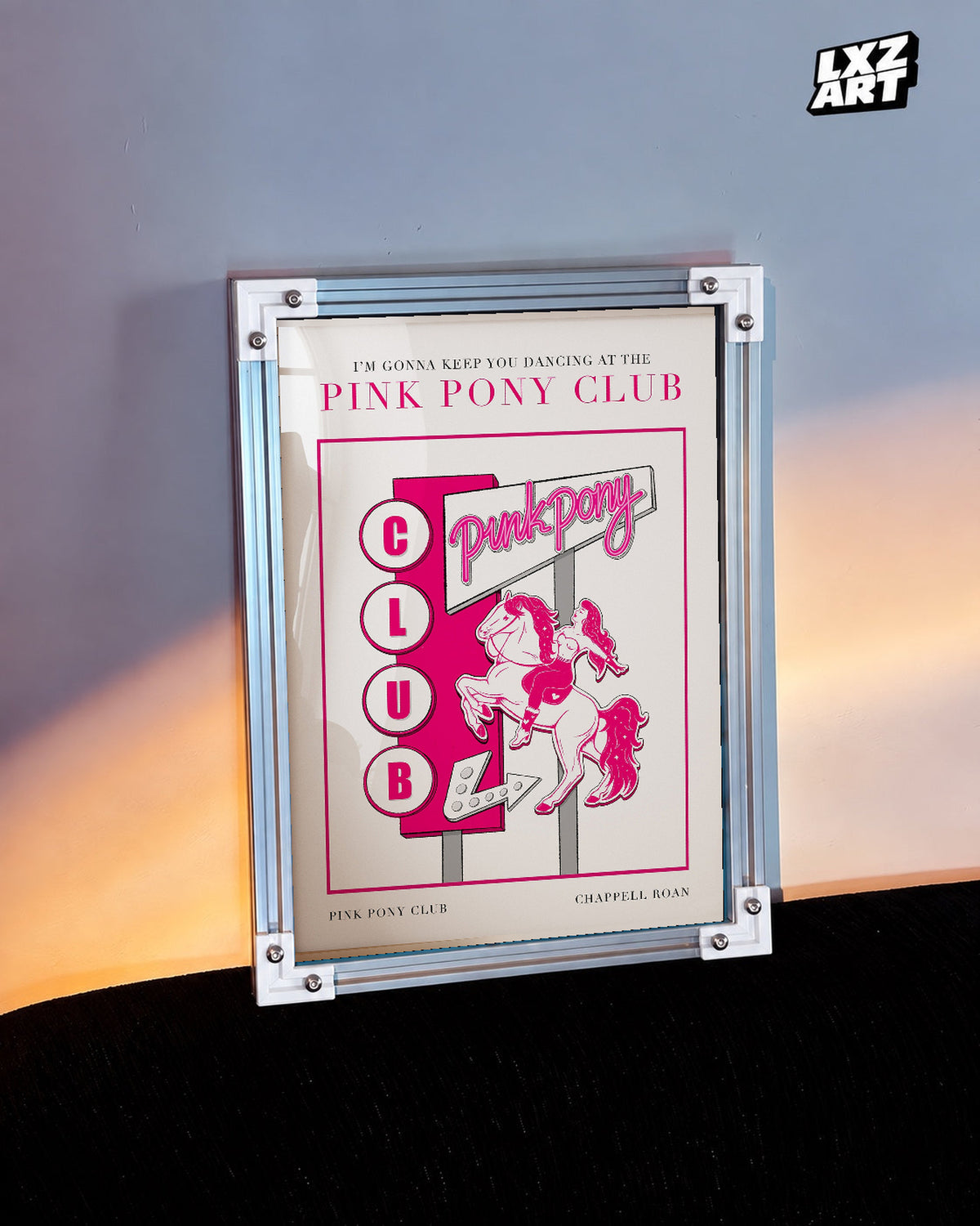 Chappell Roan Pink Pony Club Pink Sign Illustration Poster | Unframed Music Wall Art — warm-light wall scene; frame for display only