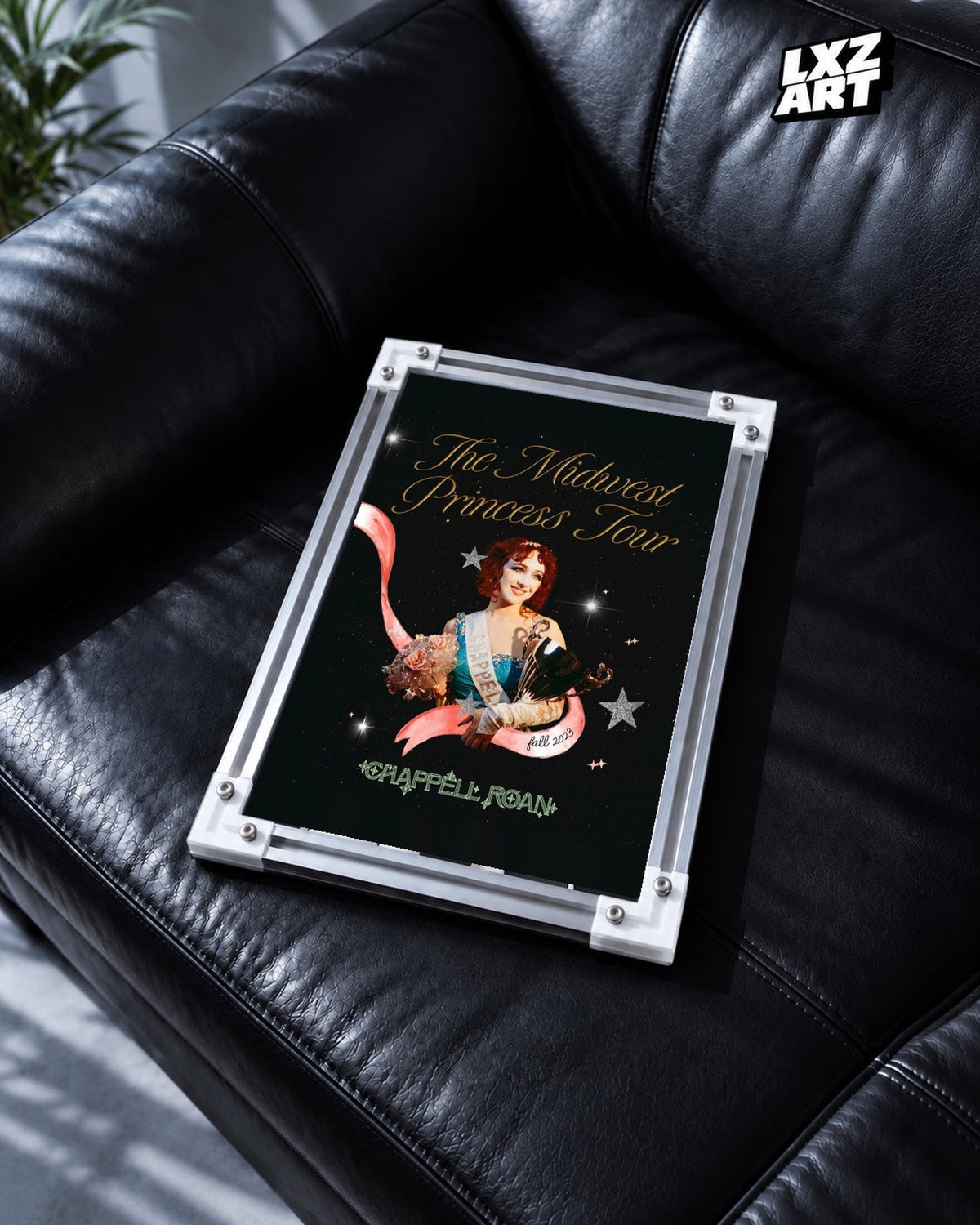 Chappell Roan Midwest Princess Fall 2023 Tour Poster | Unframed Music Wall Art — black leather sofa scene; frame for display only