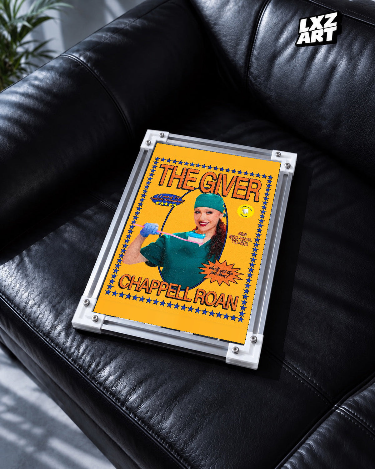 Chappell Roan The Giver Yellow Dentist Portrait Poster | Unframed Music Wall Art — black leather sofa scene; frame for display only