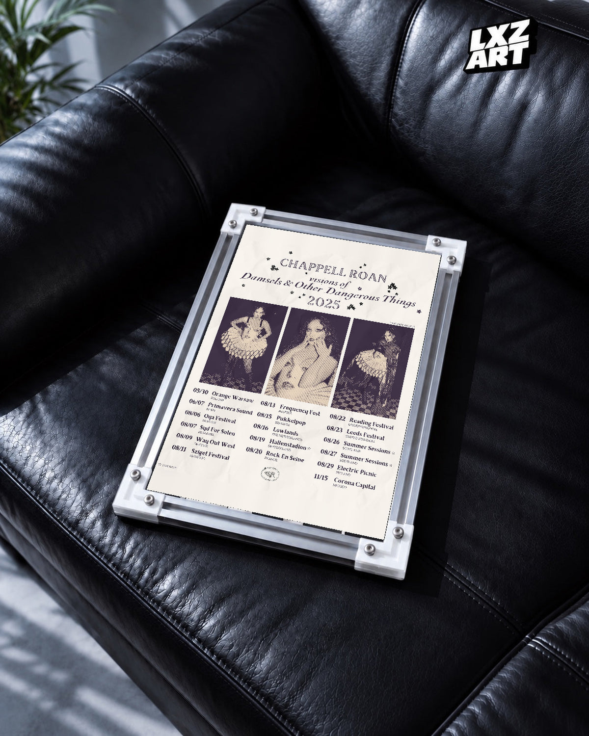 Chappell Roan Visions of Damsels 2025 Tour Collage Poster | Unframed Music Wall Art — black leather sofa scene; frame for display only