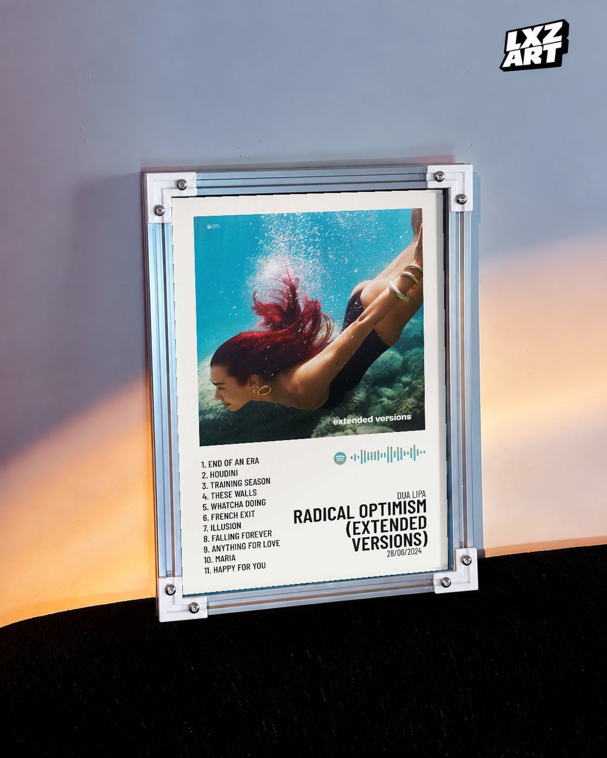 Dua Lipa Radical Optimism Extended Versions Underwater Tracklist Poster | Unframed Music Wall Art — warm-light wall scene; frame for display only