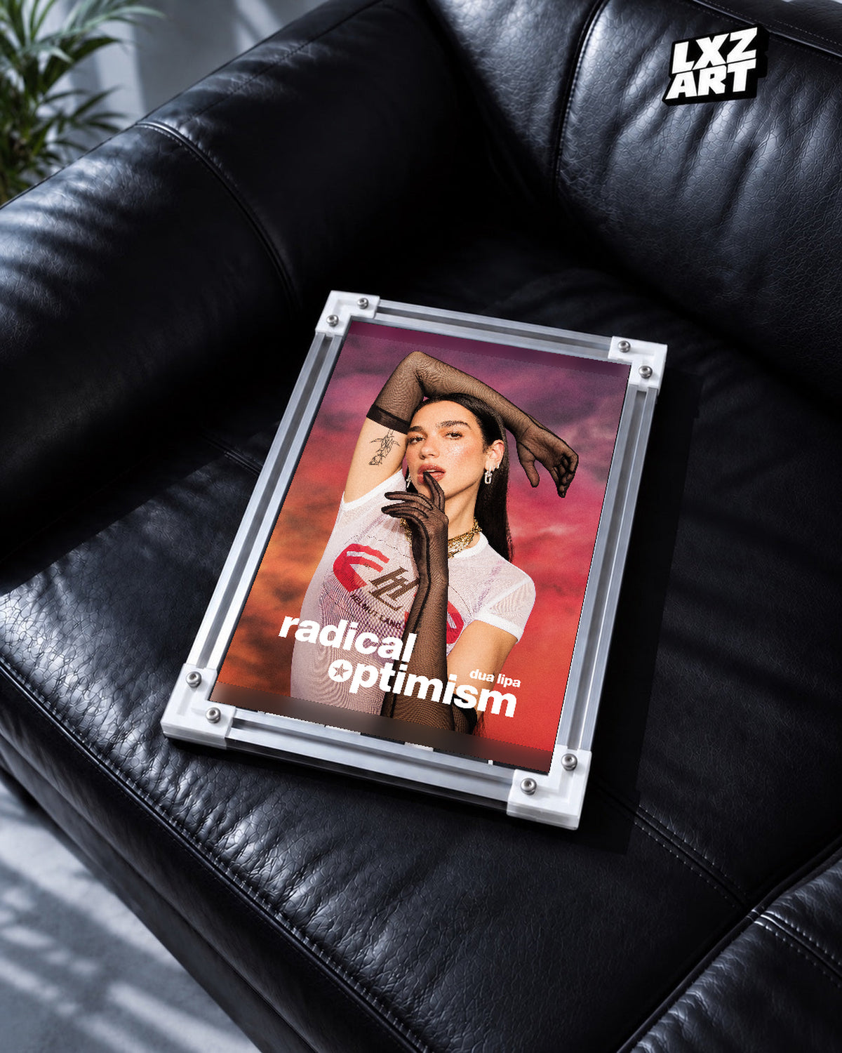 Dua Lipa Radical Optimism Sunset Portrait Poster | Unframed Music Wall Art — black leather sofa scene; frame for display only