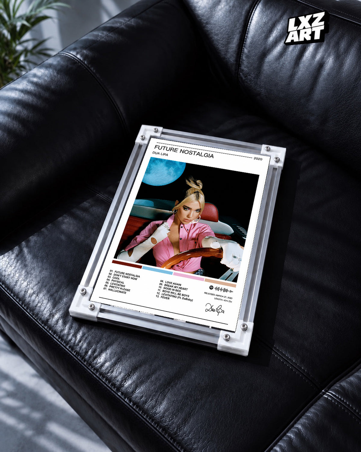 Dua Lipa Future Nostalgia Color Palette Tracklist Poster | Unframed Music Wall Art — black leather sofa scene; frame for display only