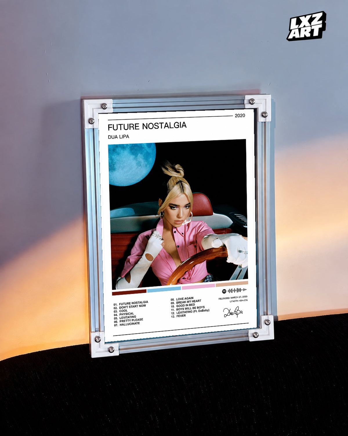 Dua Lipa Future Nostalgia Color Palette Tracklist Poster | Unframed Music Wall Art — warm-light wall scene; frame for display only