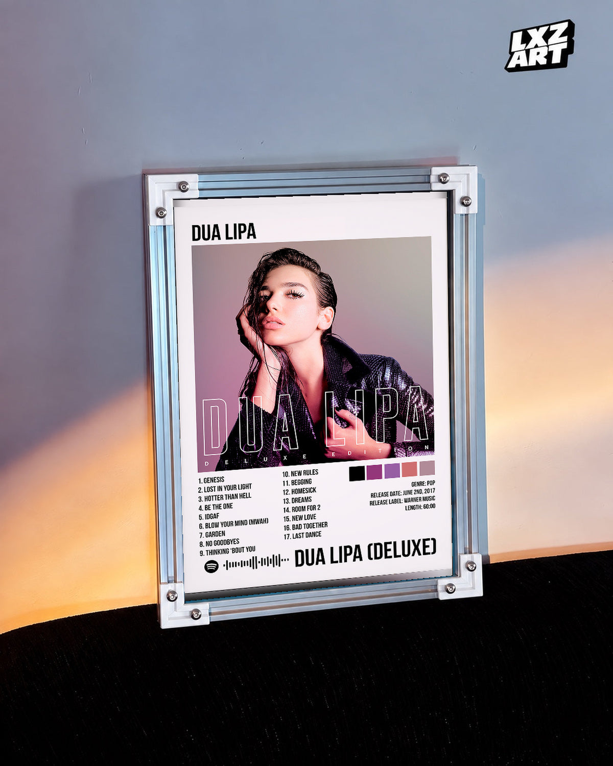 Dua Lipa Deluxe Purple Portrait Tracklist Poster | Unframed Music Wall Art — warm-light wall scene; frame for display only