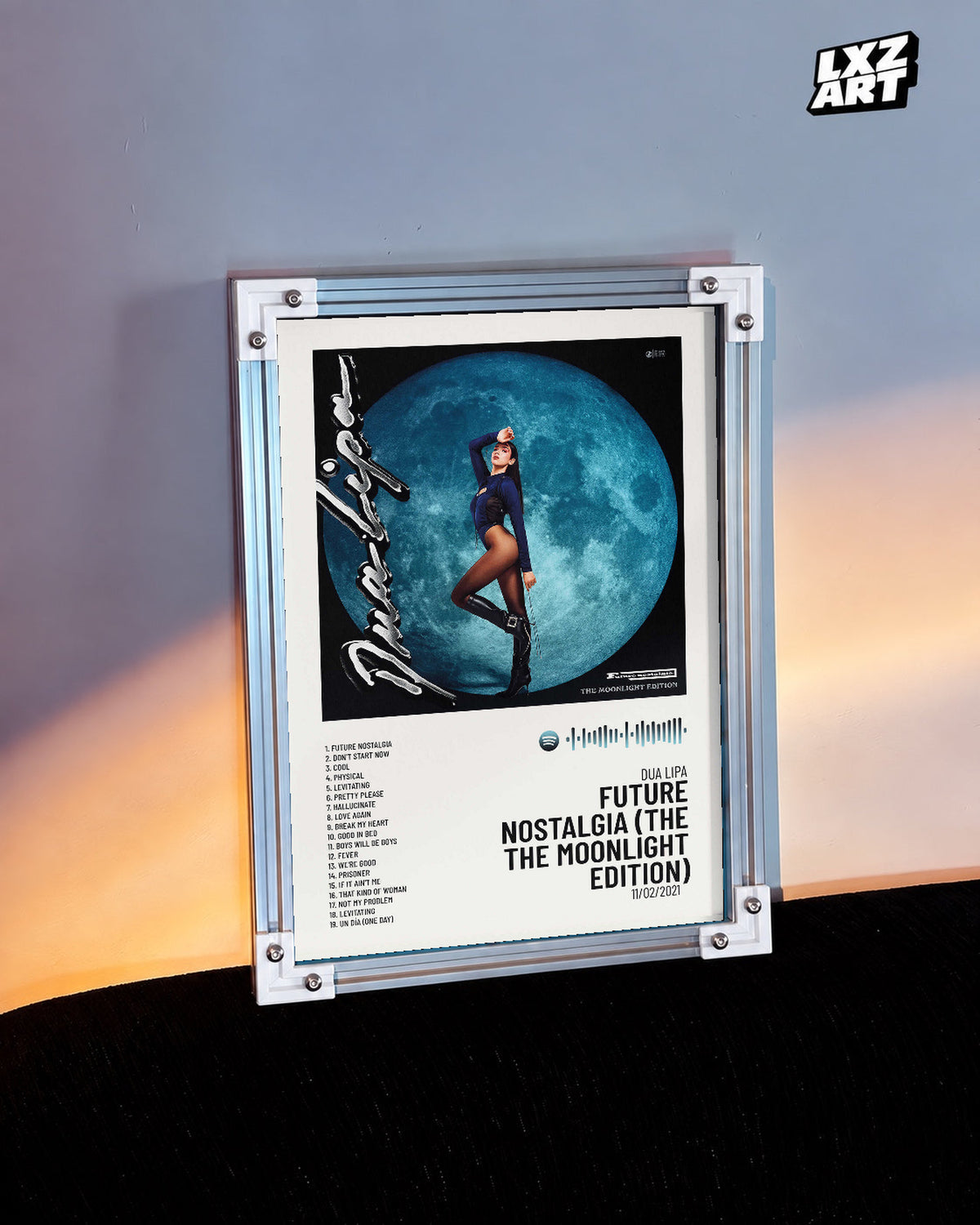 Dua Lipa Future Nostalgia Moonlight Edition Tracklist Poster | Unframed Music Wall Art — warm-light wall scene; frame for display only