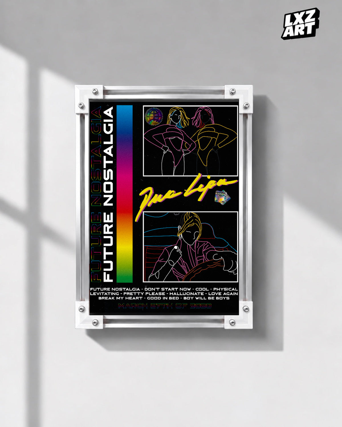 Dua Lipa Future Nostalgia Neon Line Art Poster | Unframed Music Wall Art — gray wall front view; frame for display only