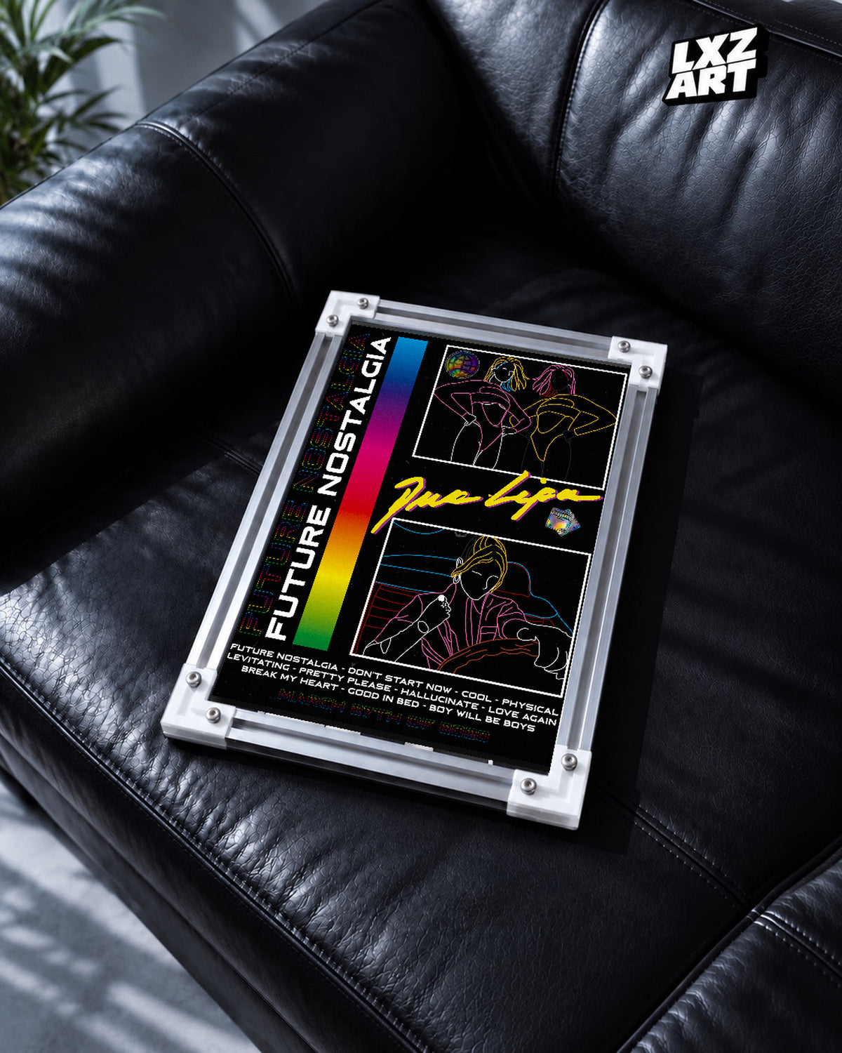 Dua Lipa Future Nostalgia Neon Line Art Poster | Unframed Music Wall Art — black leather sofa scene; frame for display only