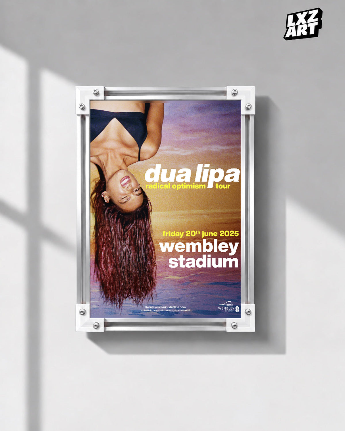 Dua Lipa Radical Optimism Wembley Stadium Tour Poster | Unframed Music Wall Art — gray wall front view; frame for display only