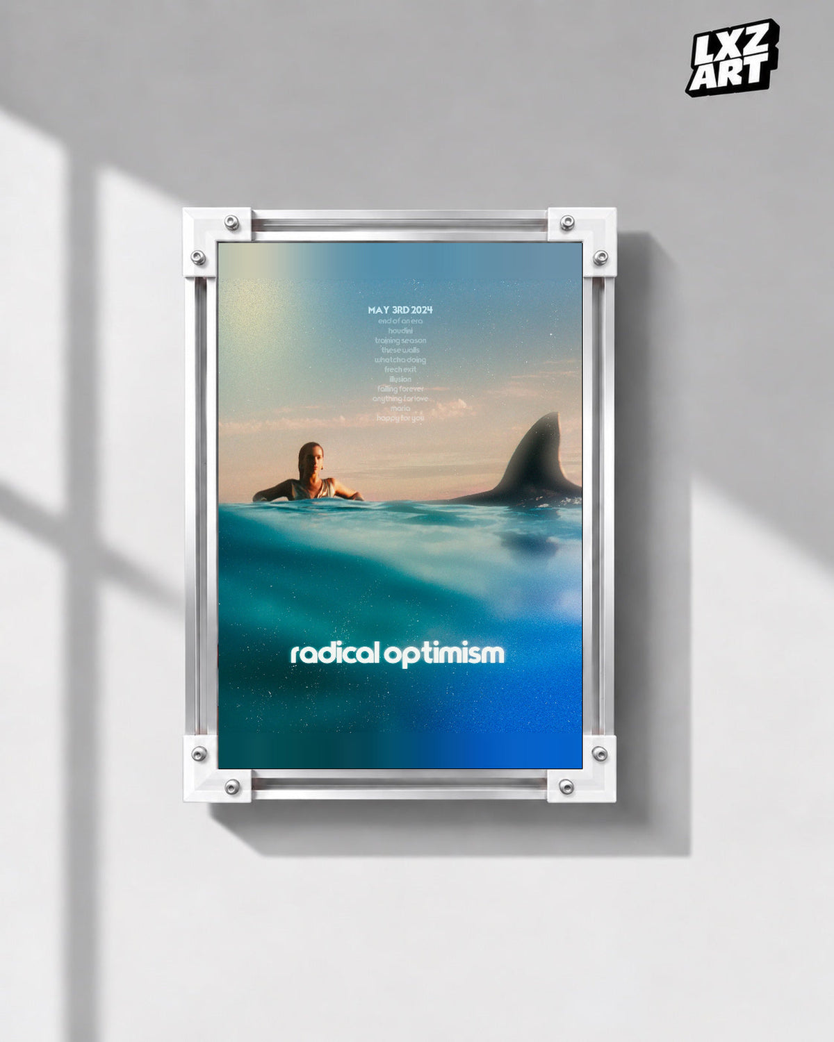Dua Lipa Radical Optimism Ocean Typography Poster | Unframed Music Wall Art — gray wall front view; frame for display only
