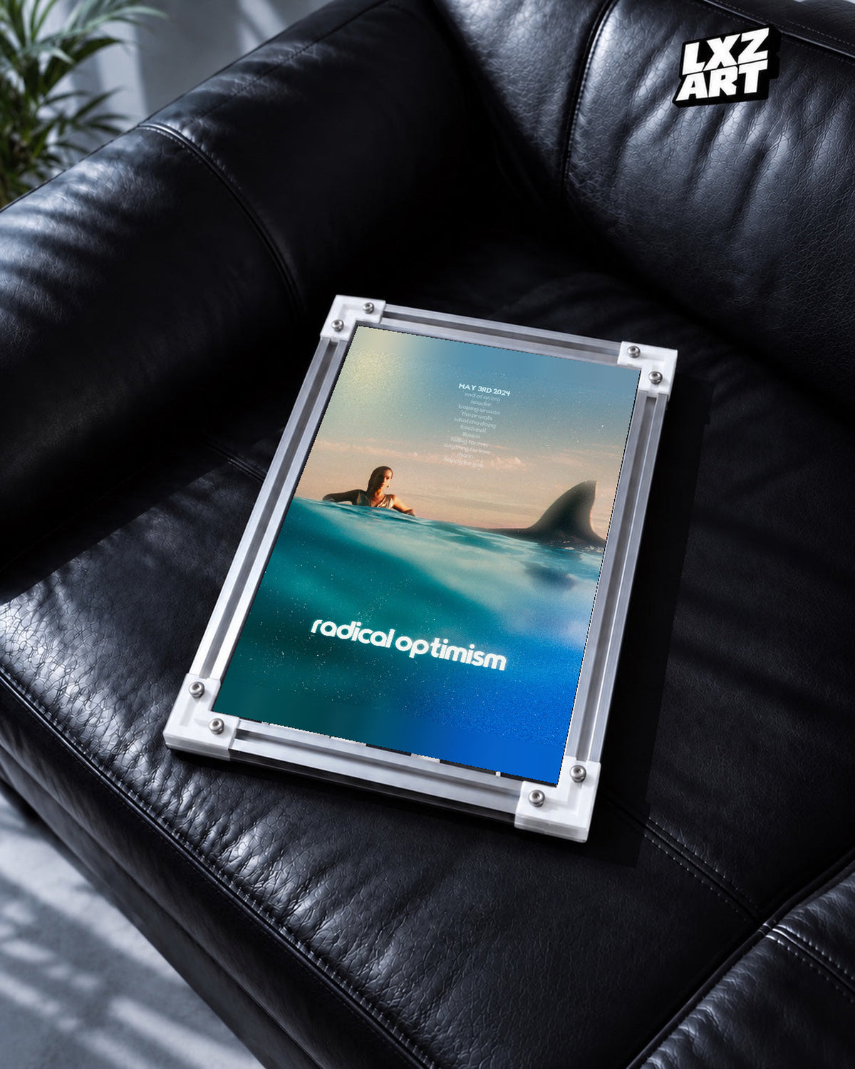 Dua Lipa Radical Optimism Ocean Typography Poster | Unframed Music Wall Art — black leather sofa scene; frame for display only