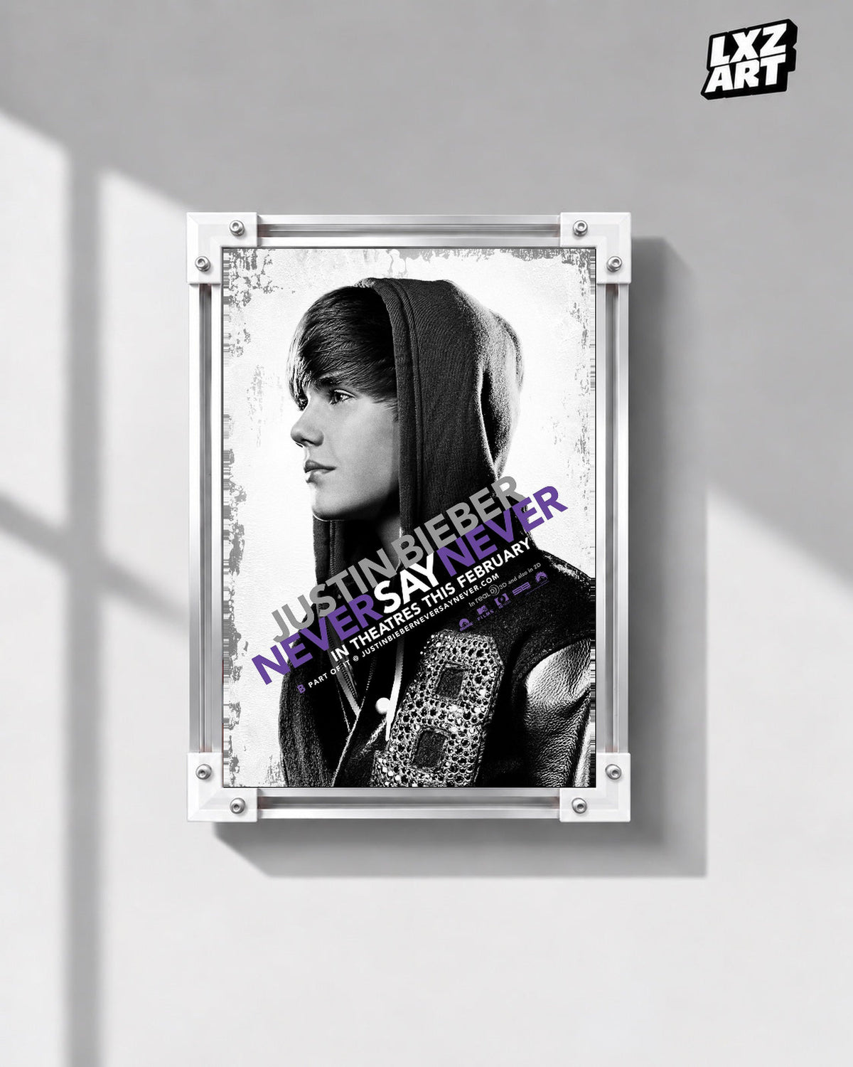 Justin Bieber Never Say Never Black and White Profile Concert Film Poster displayed in a white-corner frame on a gray wall. Frame for display only.