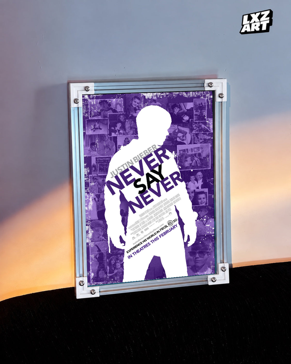 Justin Bieber Never Say Never Purple Collage Concert Film Poster displayed in a white-corner frame against a warm-lit wall. Frame for display only.
